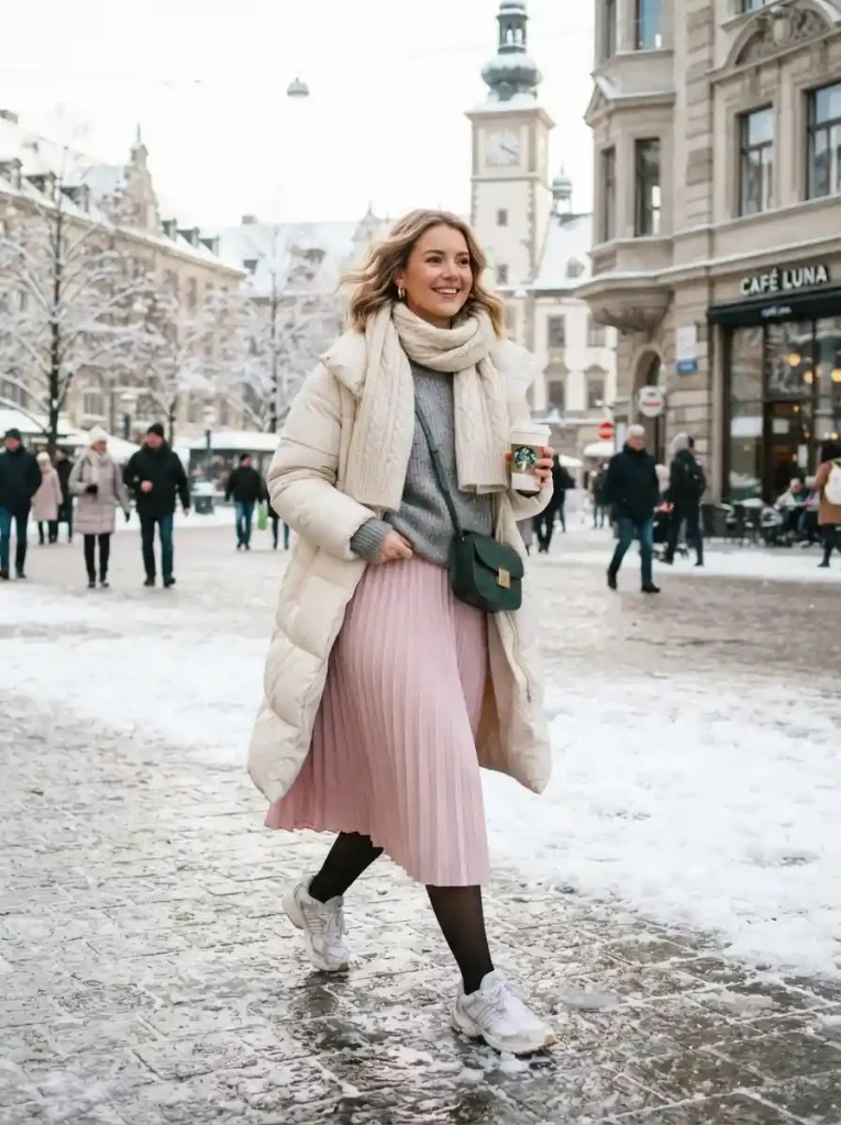 18. Soft Pink Midi Skirt with a Gray Puffer