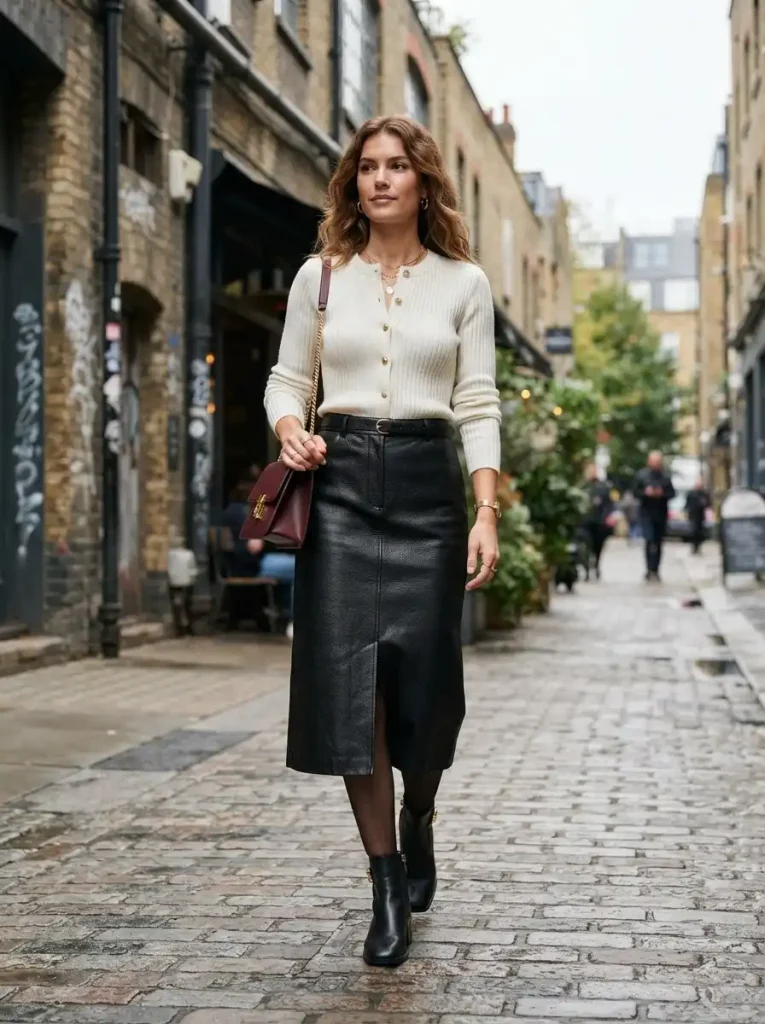 18. White Cardigan With a Leather Skirt