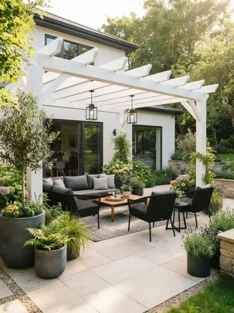 18. White Pergola With Black Furniture