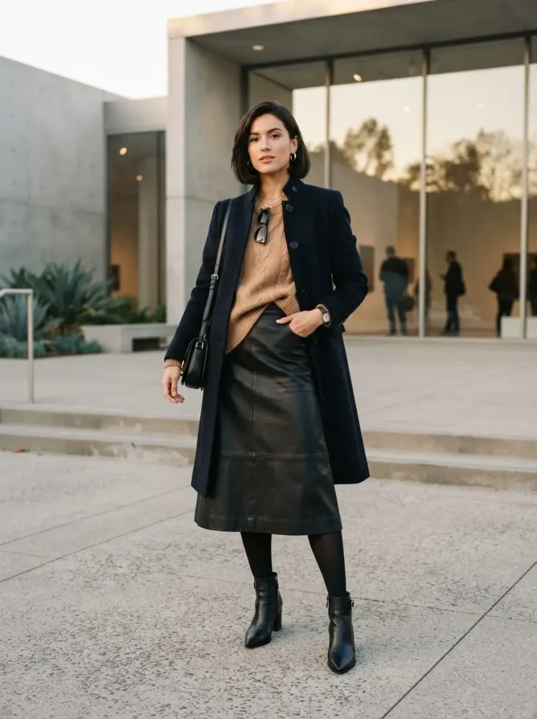 19. Black Leather Midi Skirt with a Camel Sweater