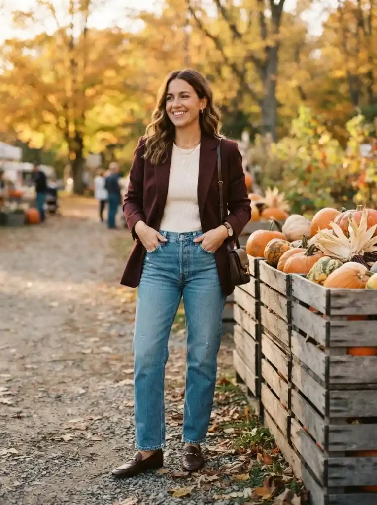 19. Burgundy Blazer With Relaxed Jeans
