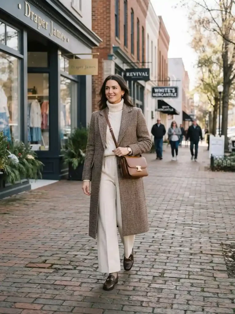 19. Checked Coat, Monochrome Sweater Set, and Loafers