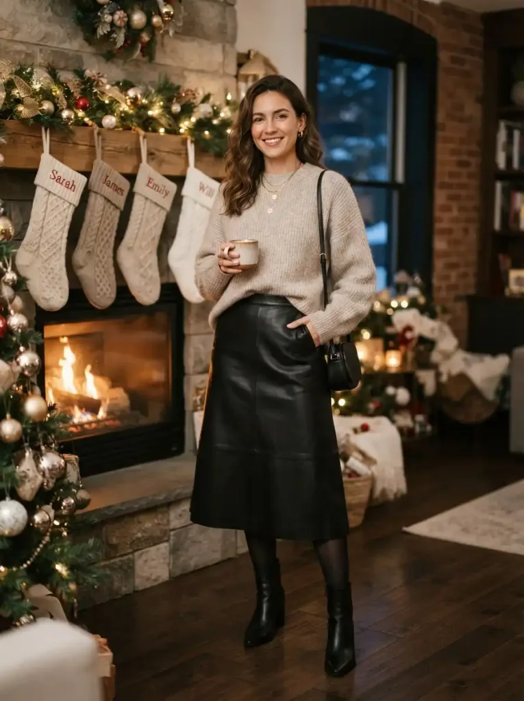 19. Chunky Sweater and Leather Skirt