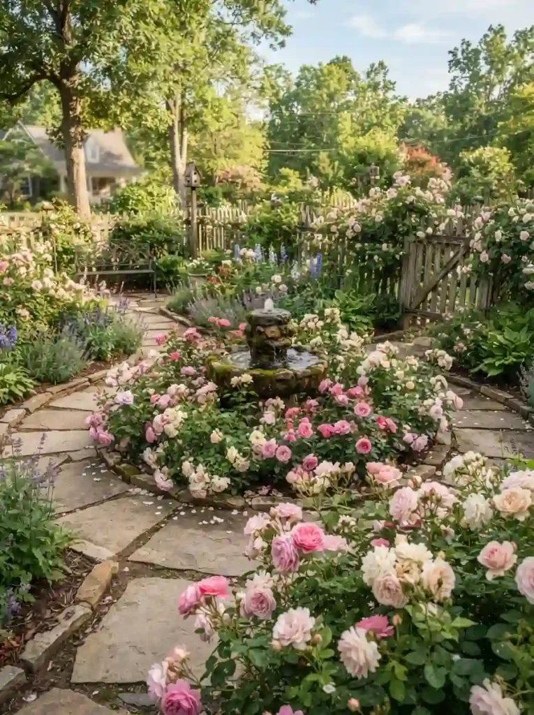 19. Create a cozy rose garden around a small fountain