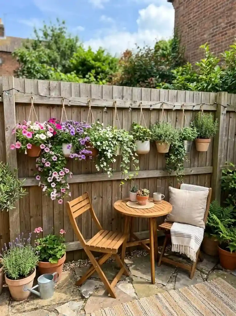19. Hang planters from a sturdy fence or overhead structure