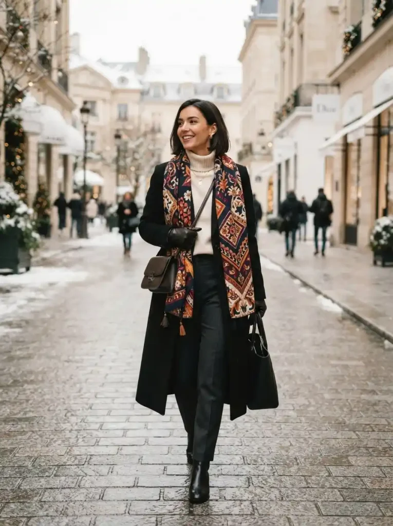19. Long Coat With a Statement Scarf