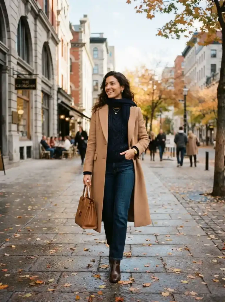 19. Navy Chunky Sweater with Camel Coat