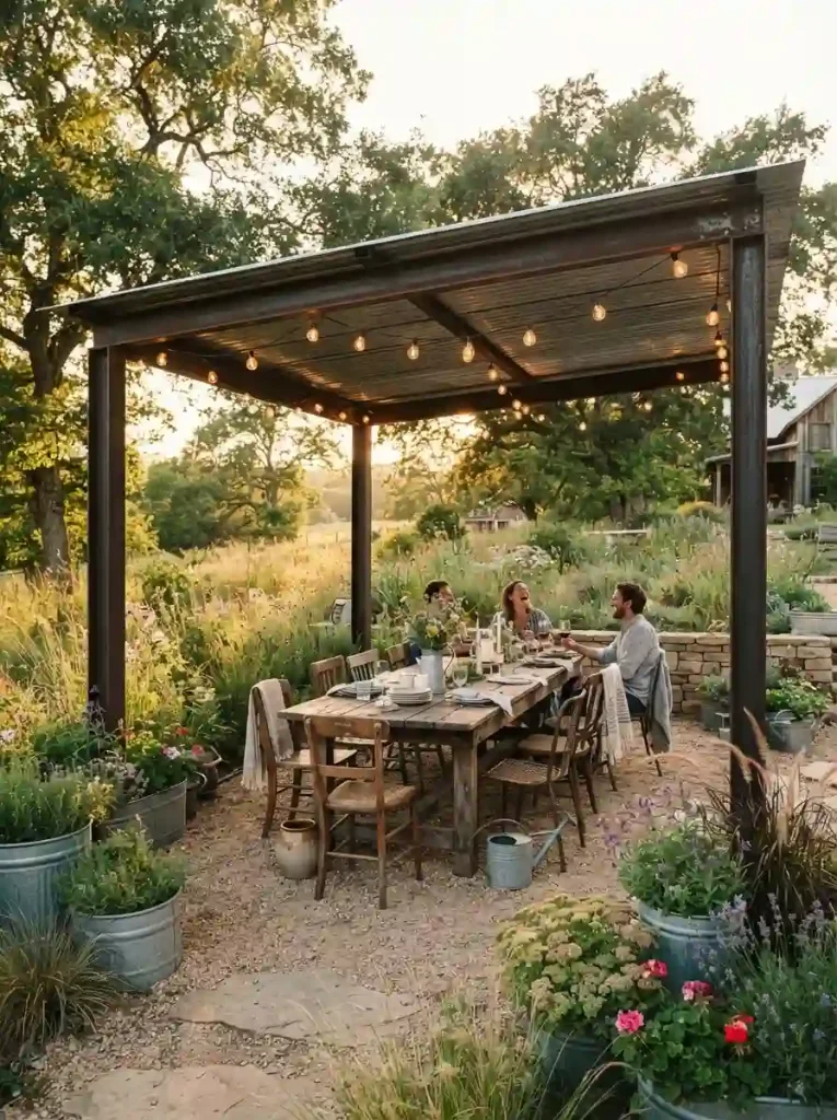 19. Pergola With a Rustic Metal Roof