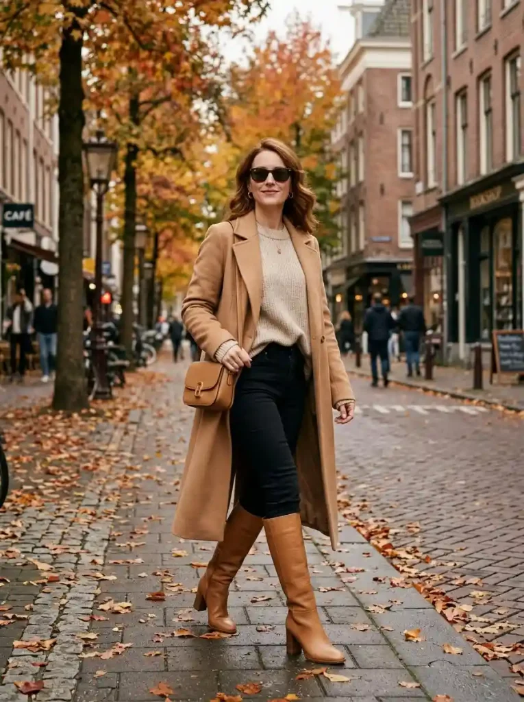2. Black Jeans with Tall Tan Boots