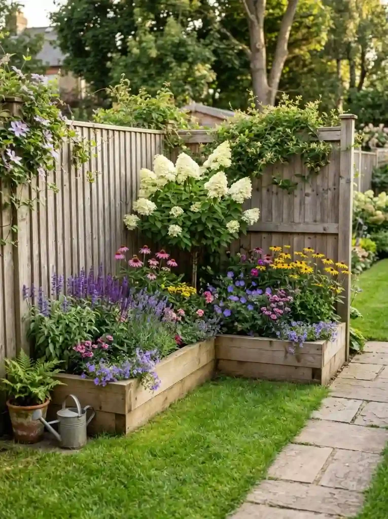 2. Corner Raised Beds That Wrap Around the Fence