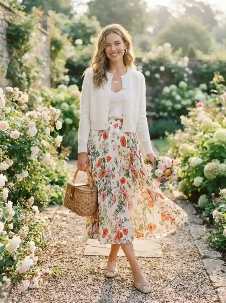 2. Cropped Cardigan With a High-Waisted Midi Skirt