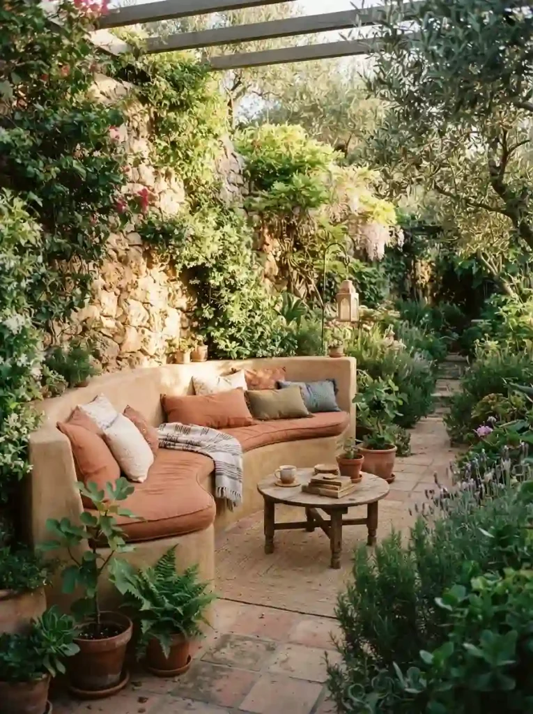 2. Curved built-in bench beneath a garden wall