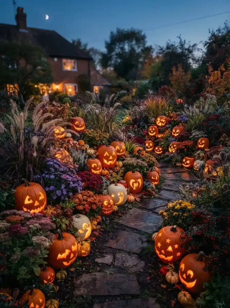 2. Glowing Pumpkin Flower Bed