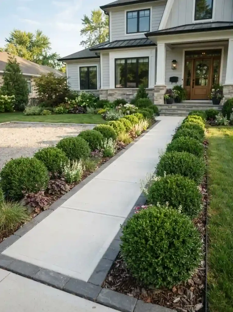 2. Line the Walkway With Compact Evergreen Shrubs