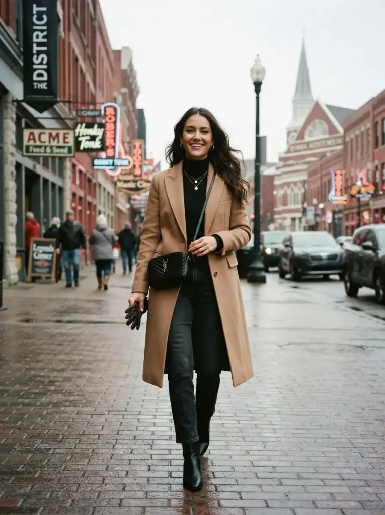 2. Long Camel Coat, Black Turtleneck, and Dark Denim