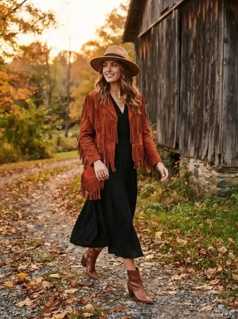 2. Rust Fringe Jacket With Black Midi Dress