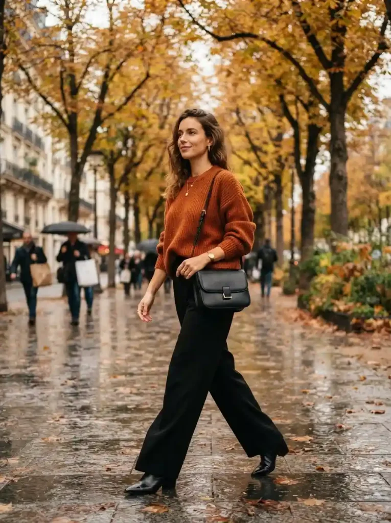 2. Rust Sweater with Black Wide-Leg Pants