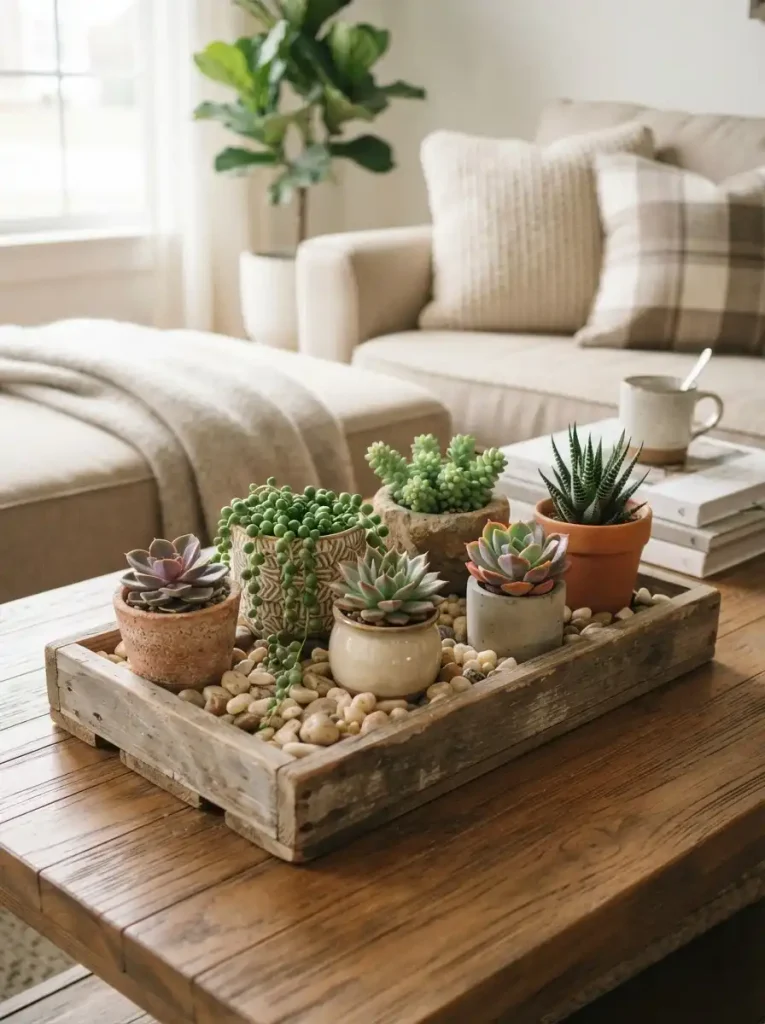 2. Succulent Arrangement in a Wooden Tray