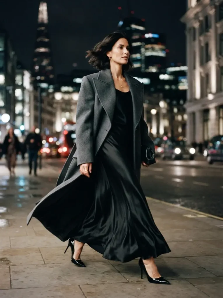 20. Black Silk Maxi, Sculptural Coat Finish