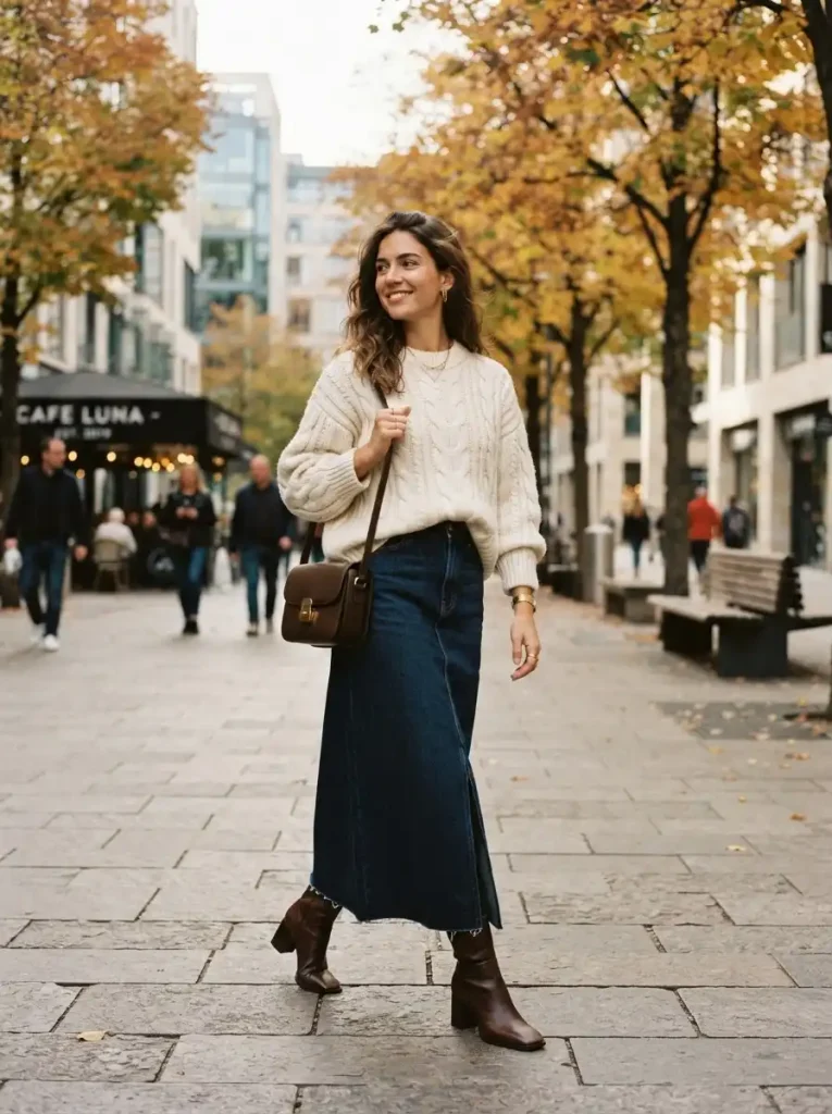 20. Chunky Sweater with a Denim Maxi Skirt