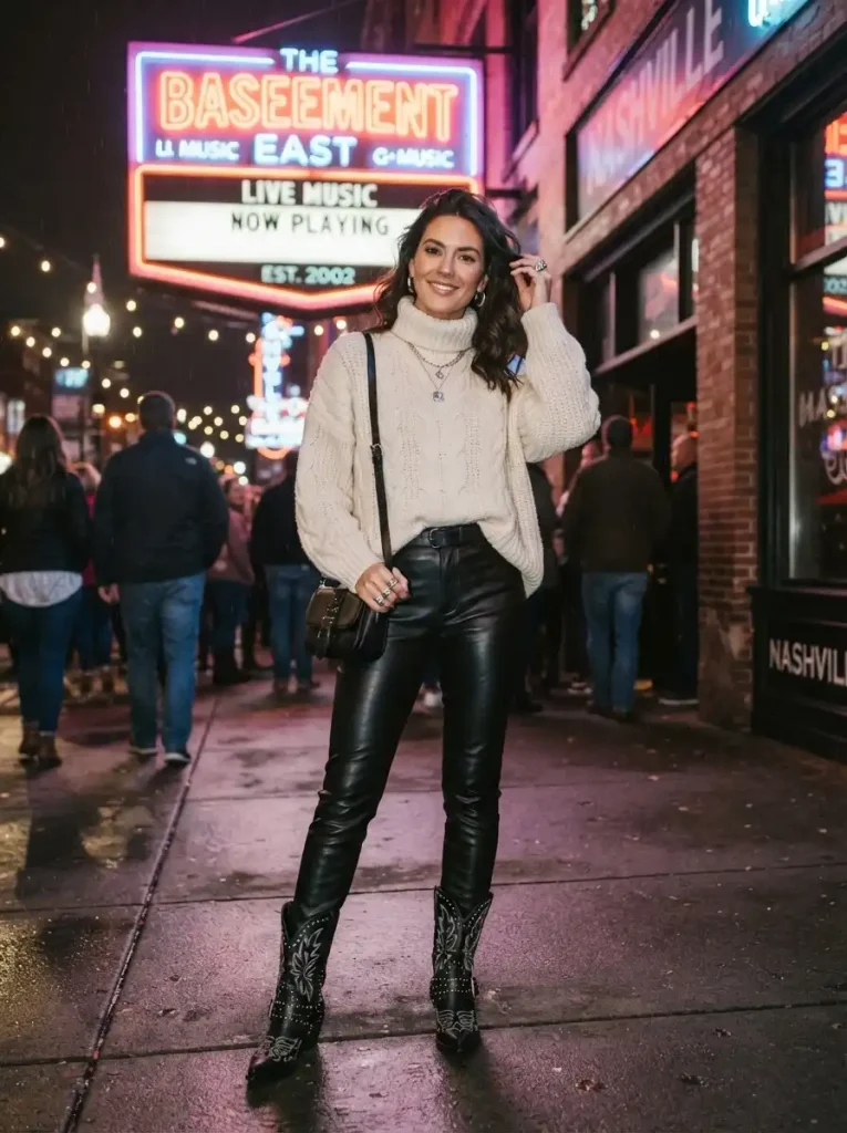 20. Cozy Turtleneck, Leather Pants, and Statement Boots