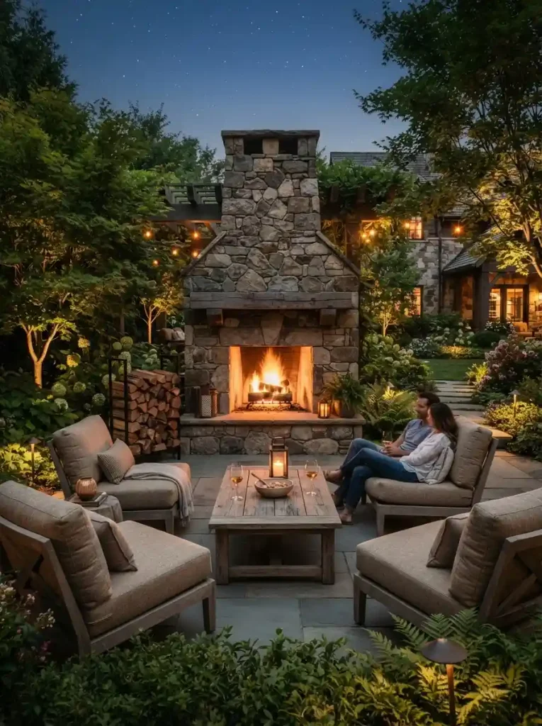 20. Add a cozy outdoor fireplace