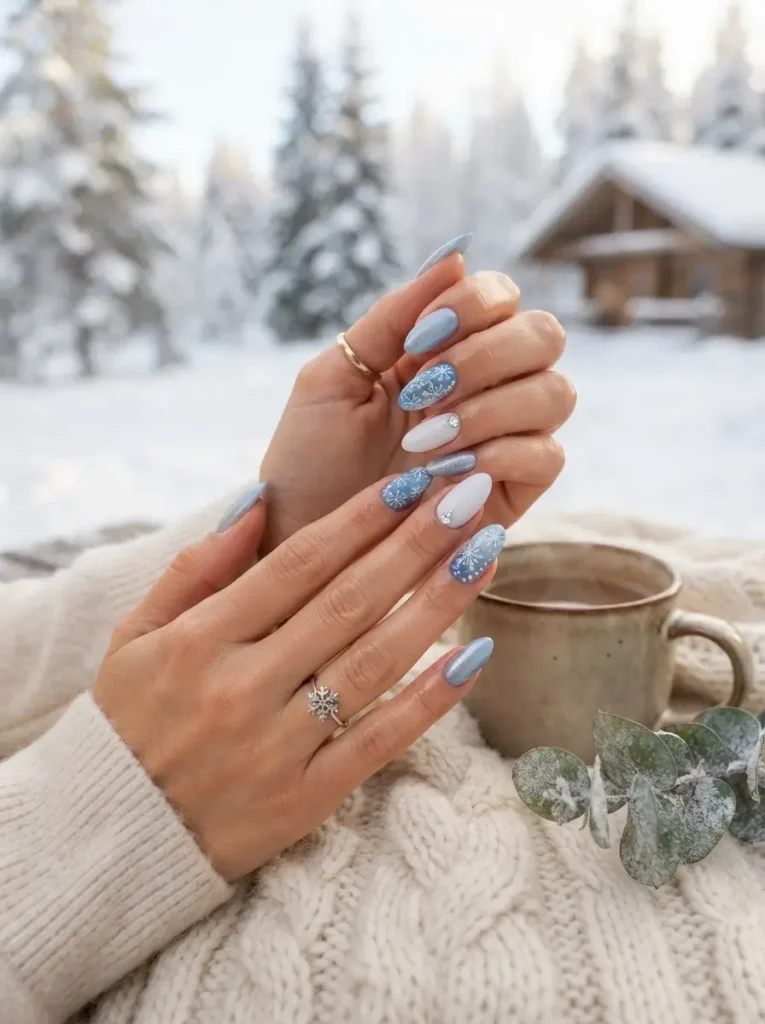 20. Frosted Blue and White Winter Nails