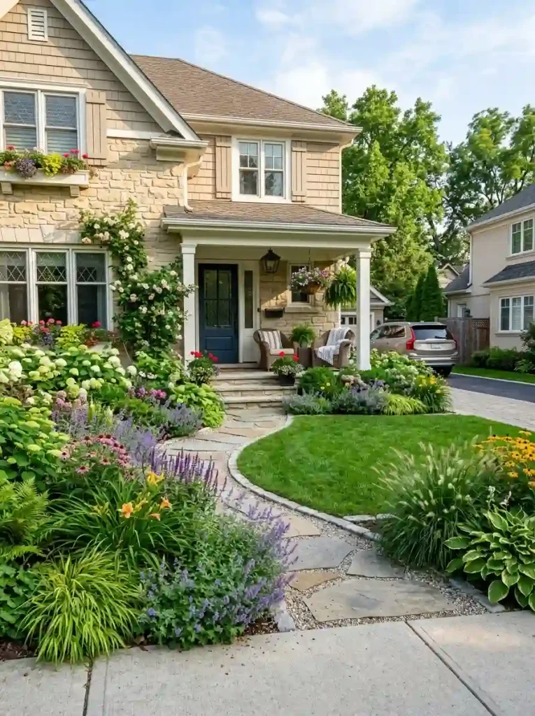 20. Layered Front Yard With a Small Lawn