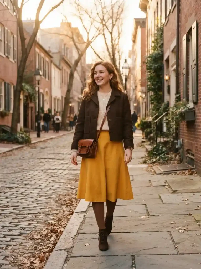 20. Mustard A-Line Skirt with a Cream Sweater