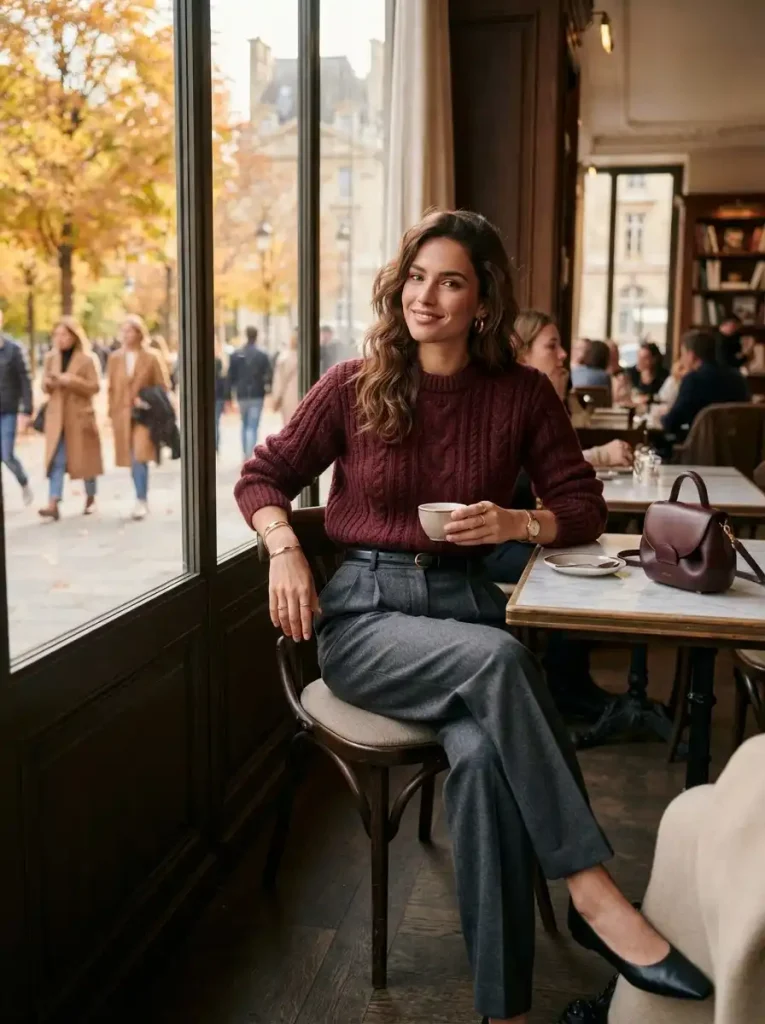 21. Burgundy Chunky Sweater with Pleated Trousers