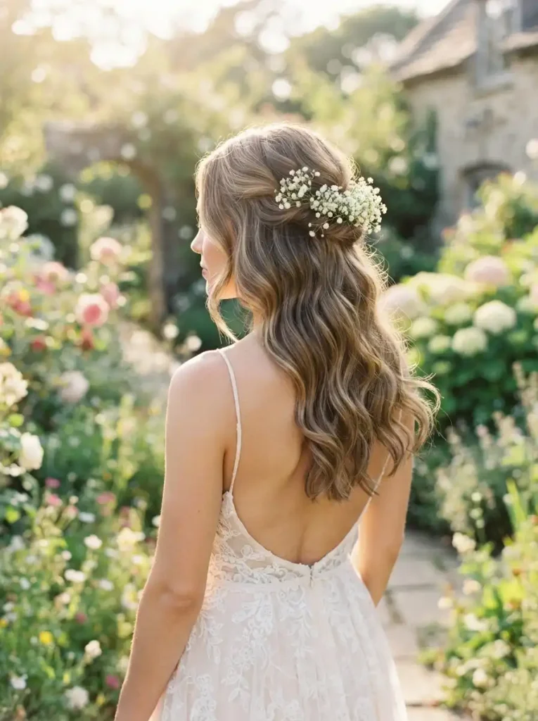 21. Half Up Hair With Baby’s Breath
