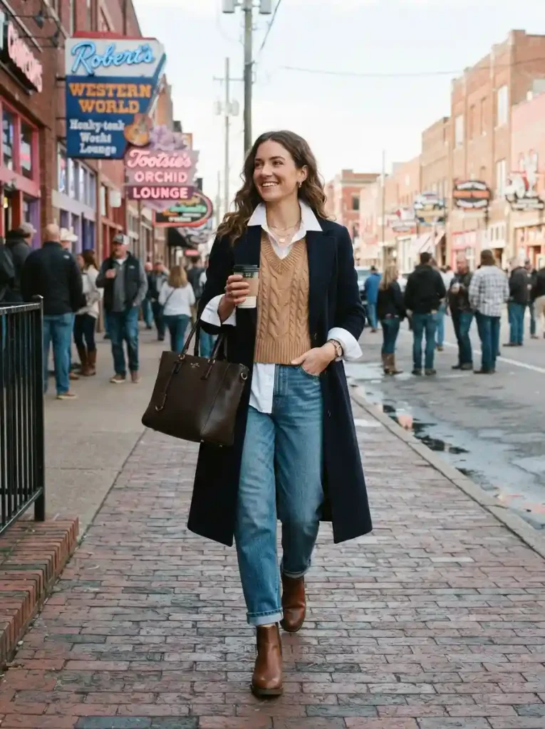 21. Layered Sweater Vest, Button-Down, Jeans, and Chelsea Boots
