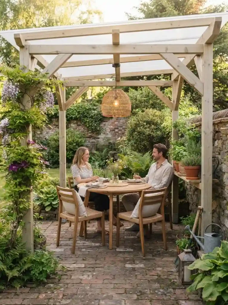 21. Small Pergola With a Roof Over an Outdoor Dining Corner