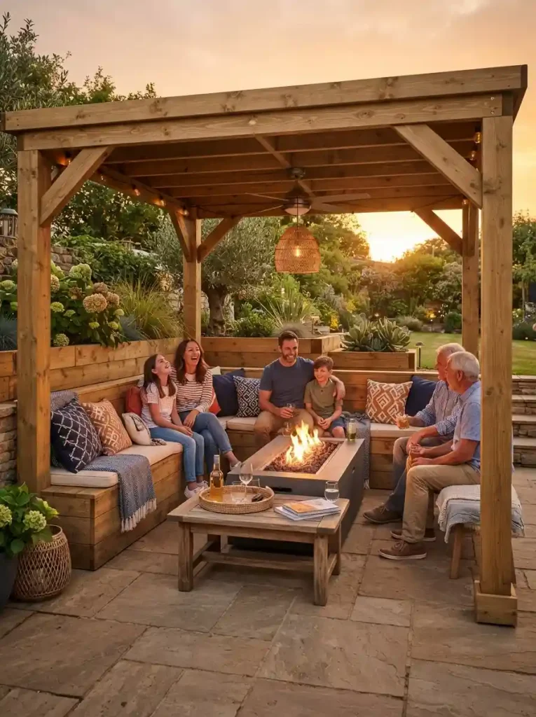 22. Backyard Pergola With a Built-In Bench