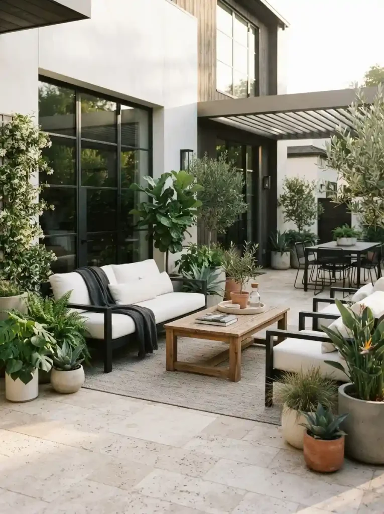 22. Black-and-White Patio With Natural Wood