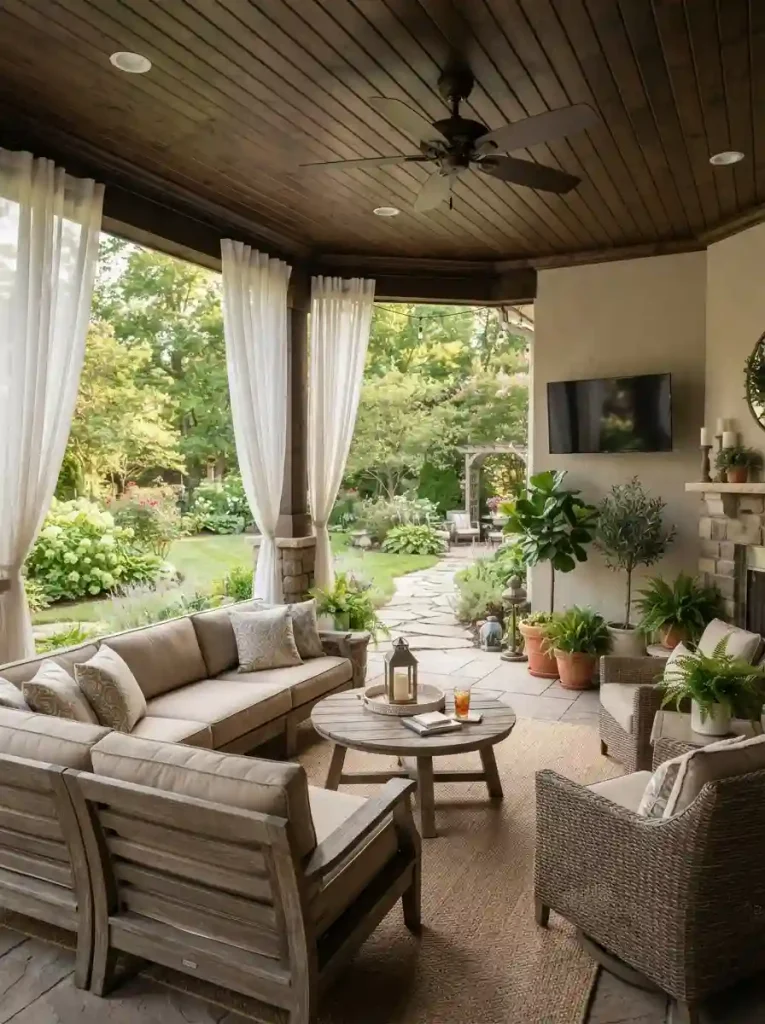 22. Create a covered patio with an all-weather seating setup