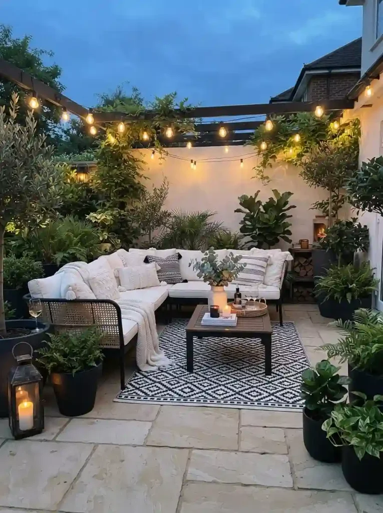 23. Cozy Black and White Patio Retreat