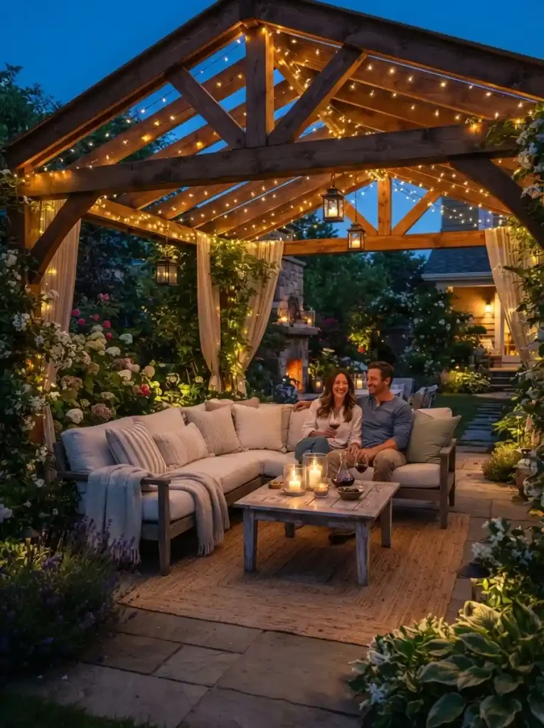 23. Dreamy Pergola With Roof and String Lights