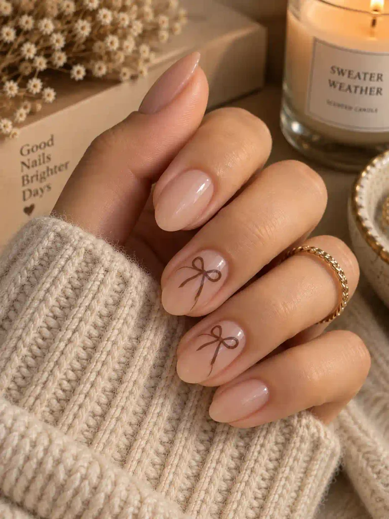 24. Nude Nails With Tiny Brown Bows