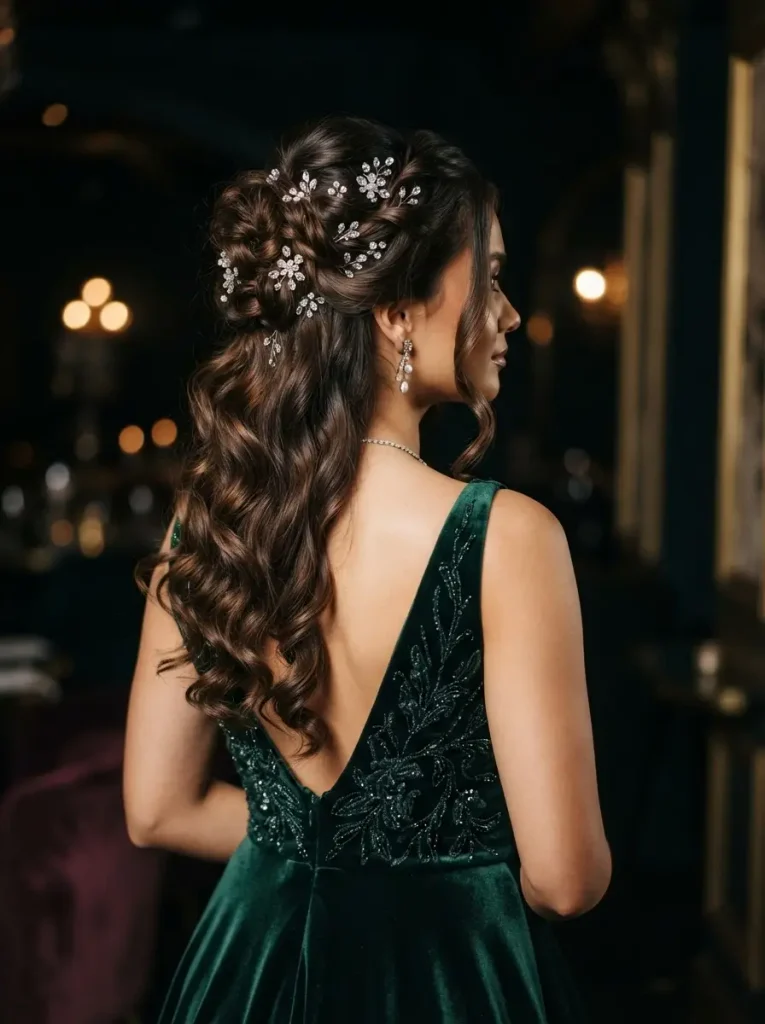 24. Romantic Half Up Hair With Crystal Pins