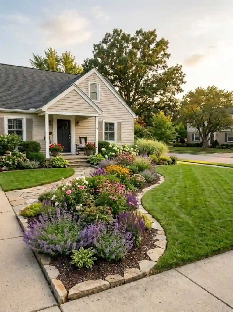 3. Add a Curved Garden Border Along the Lawn