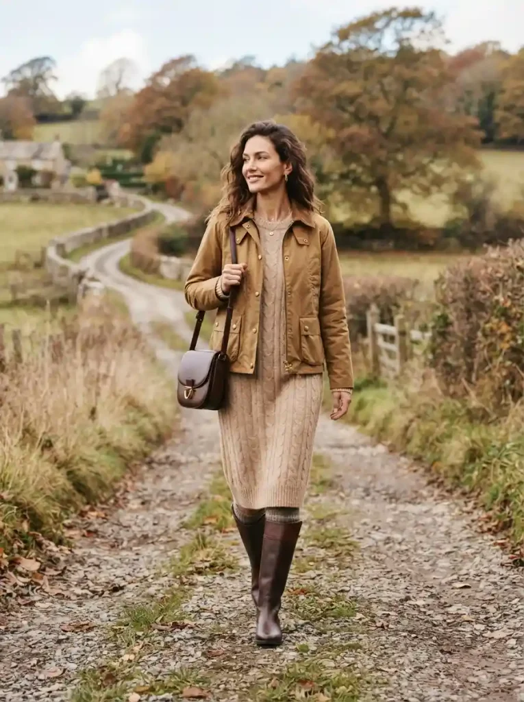 3. Barn Jacket Over a Cozy Sweater Dress