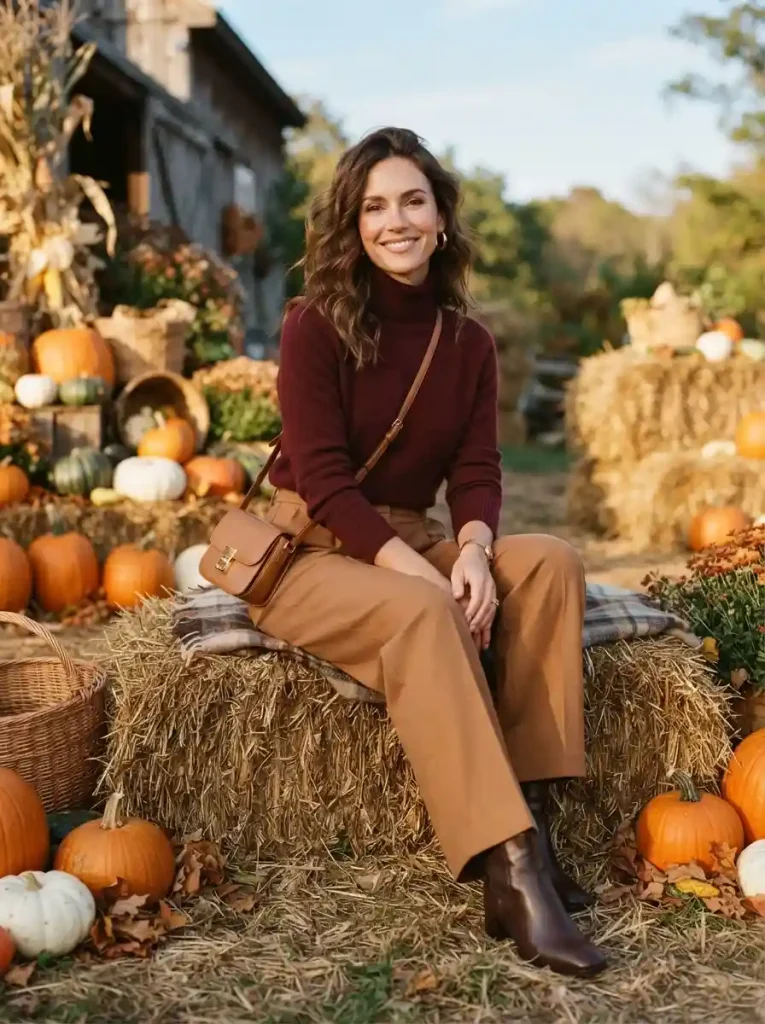 3. Burgundy Knit Top With Caramel Trousers