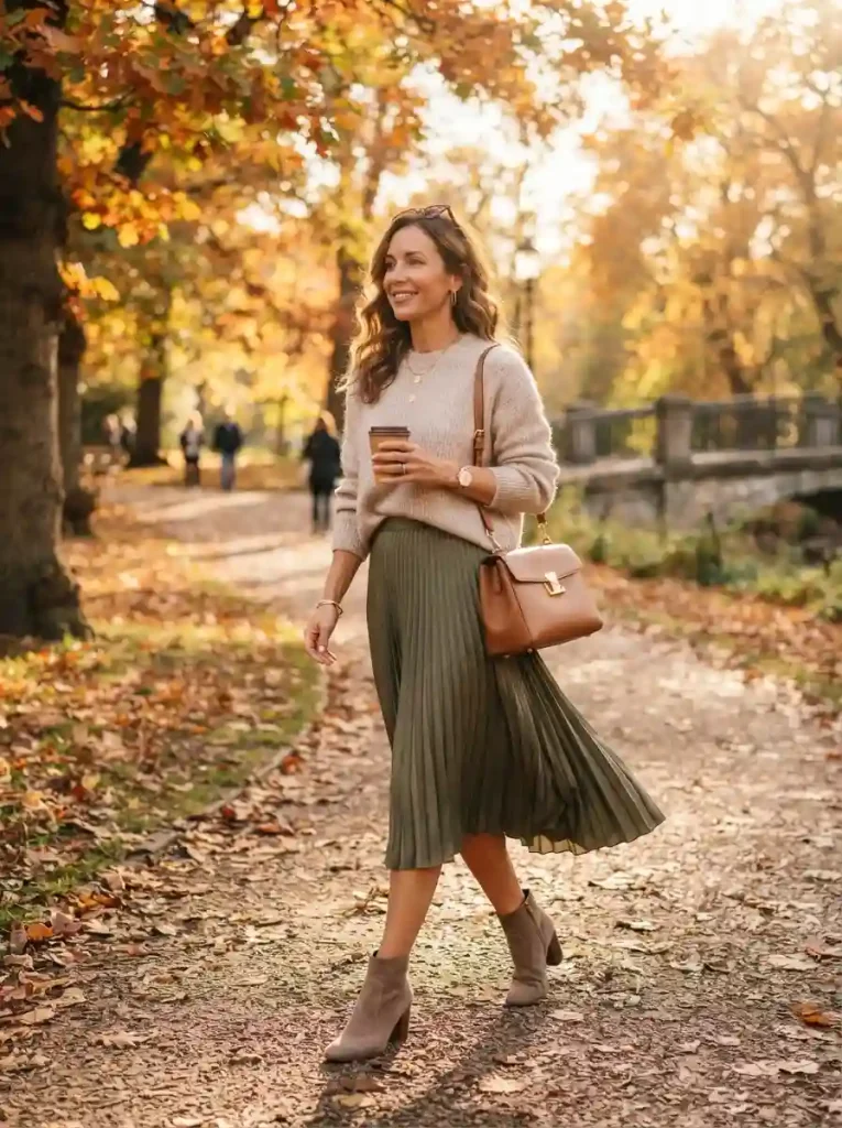 3. Chunky Sweater with a Pleated Midi Skirt