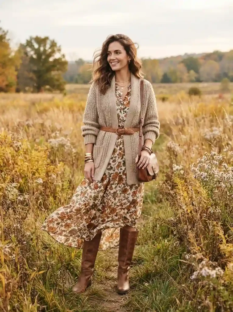 3. Floral Maxi Dress With Chunky Beige Cardigan