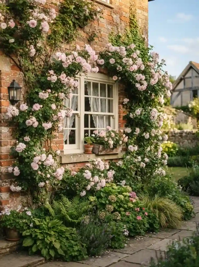 3. Frame a backyard window with flowering roses