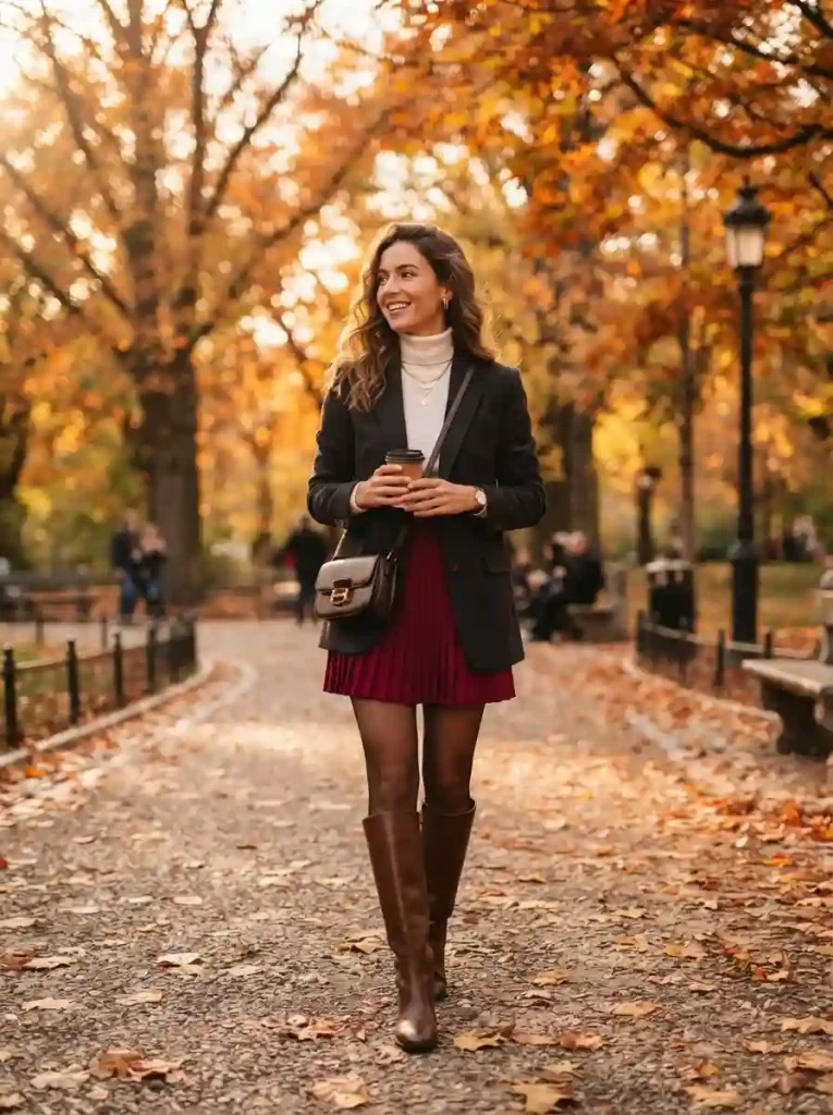 3. Knee High Boots With a Pleated Mini Skirt
