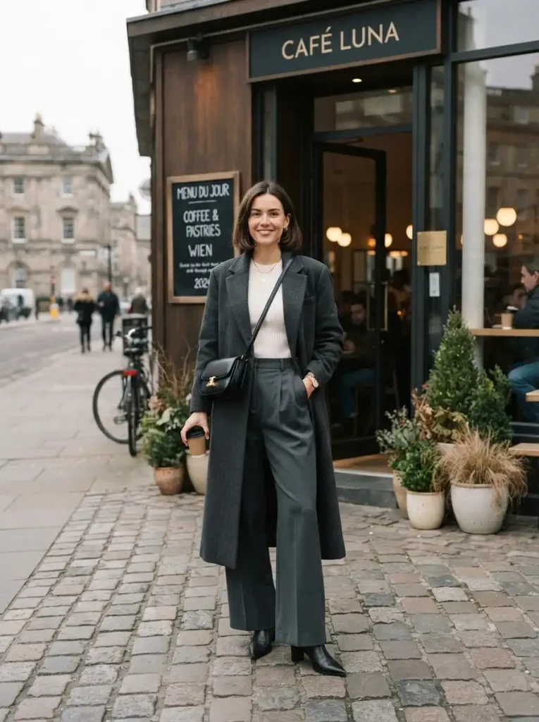 3. Long Coat With Wide-Leg Trousers