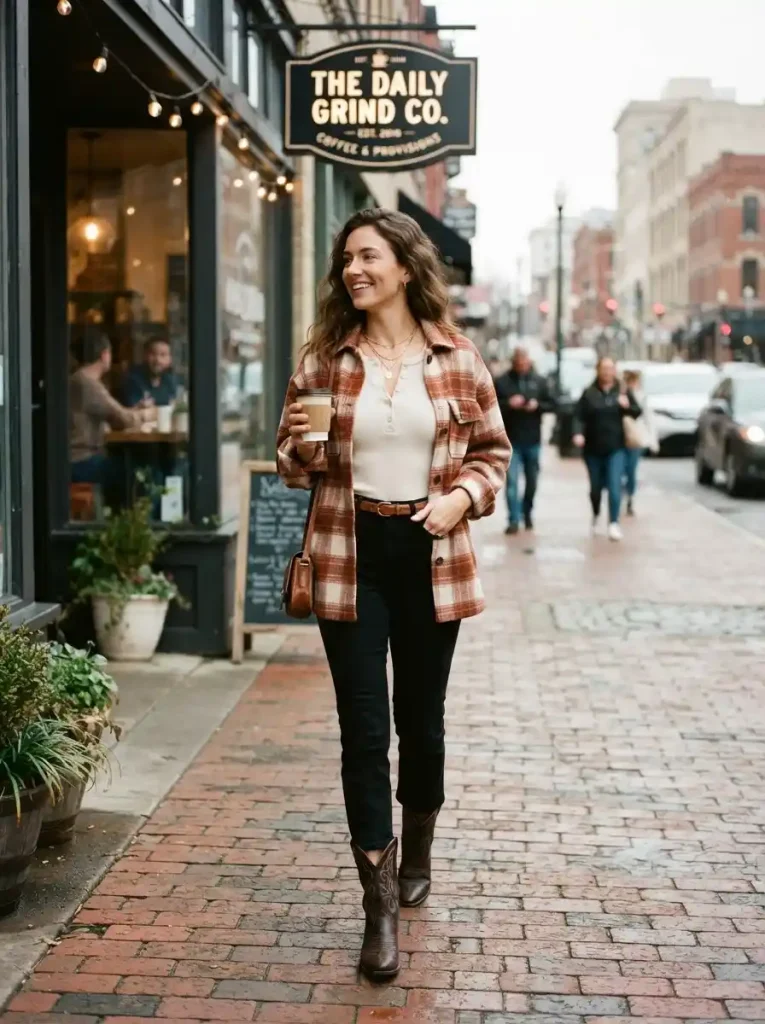 3. Plaid Shacket, Thermal Top, Black Jeans, and Cowboy Boots