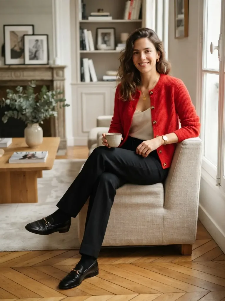 3. Red Cardigan With Black Trousers